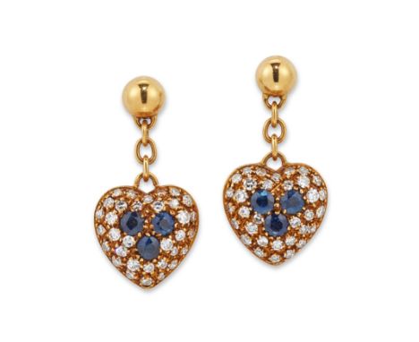 A pair of sapphire and diamond earrings, designed as a sapphire and single cut diamond pavé set heart, to chain link suspensi
