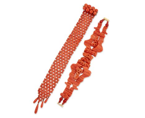 Two early 19th century coral (corallium rubrum) bracelets,&nbsp;the first of jarreti&egrave;re design, with nine rows of carv