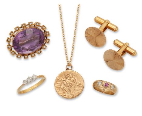 A group of jewellery, comprising: an Edwardian oval amethyst and diamond brooch; a diamond three stone ring, the three old br