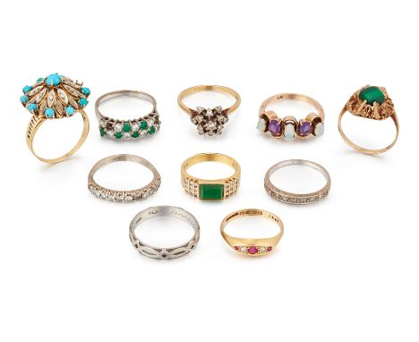 A group of ten assorted rings, comprising: a turquoise and diamond cluster ring, (one turquoise lacking), ring size S; a diam