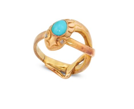 A 19th century gold turquoise and diamond snake ring, the snake with cabochon turquoise set head and old cut diamond set eyes