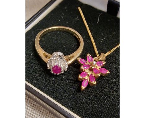 9ct Gold, Diamond &amp; Ruby Dress Ring (m+0.5) &amp; Necklace