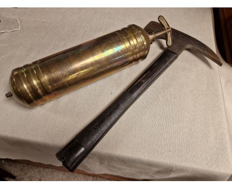 Vintage Brass Pyrene Fire Extinguisher + an ARP Arfax Fireman's Axe