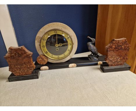 Art Deco Style Marble Garniture Clock w/a Cormorant/Seabird detail