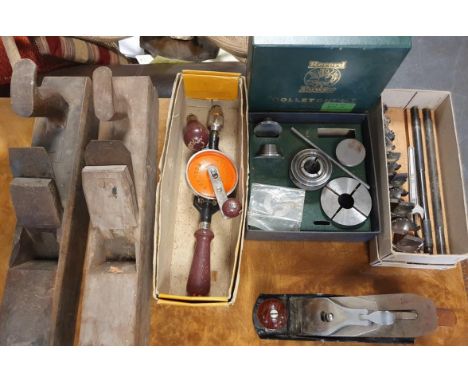 Set of Woodworking Tools &amp; Accessories, to include 3 planes, 1 Stanley rotary drill, Record ColletChuck set and Stubai ch