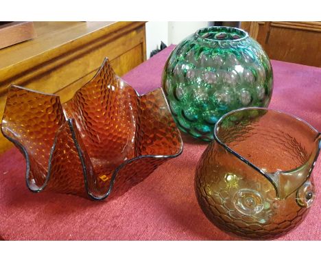 Group of Three Art Glass Vases inc a Handkerchief dish