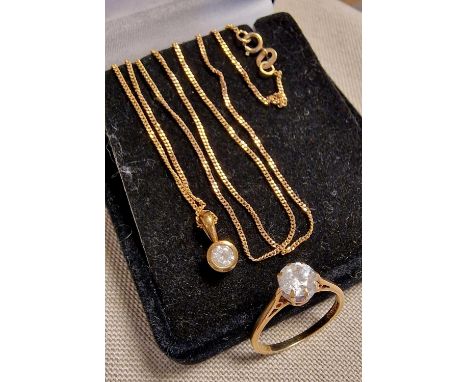 9ct Gold and Diamond Pendant Necklace + a 9ct Gold &amp; CZ Stone Engagement Ring (size N)