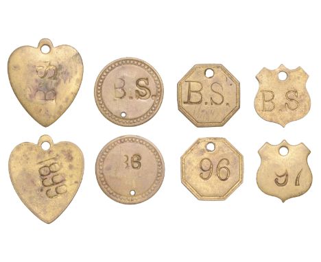 St Lucia, B.S., uncertain attribution, brass tallies (4), all stamped B.S., rev. stamped 86 (or 98), round; 96, octagonal; 97