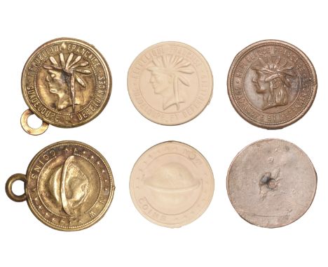Guadeloupe, Shell cards (2), c. 1910, obv. male head left with feathered head-dress, rev. new coins around globe, one brass w