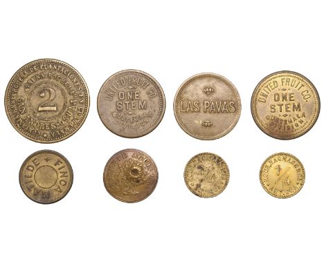 Costa Rica, Rohrmoser Hnos, brass, 25mm (Rulau – [cf. SJS 31-2]); Fabian Esquivel (?), a token of Vicente Aguilar, countermar