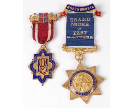A gilt metal and enamel jewel for the Loyal Order of Ancient Shepherds, with annotated ribbon; and one other (2)