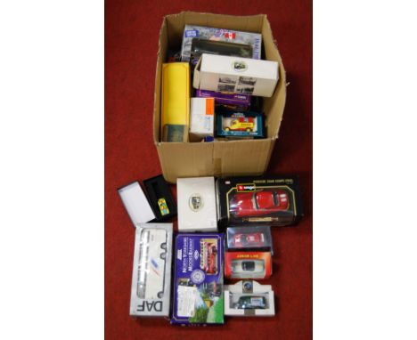 A box of assorted modern issue diecast toy vehicles to include Bburago 1.24 scale model of a Porsche 356B coupe, and a Tekno 