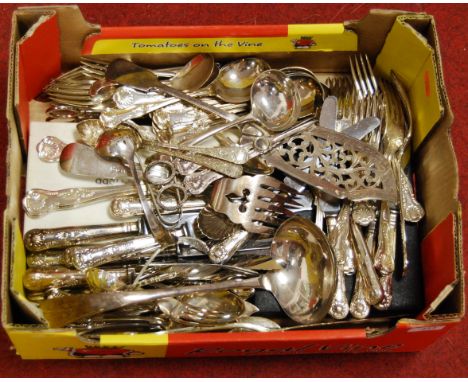 A box of assorted loose silver plated flatware, to include Kings pattern examples