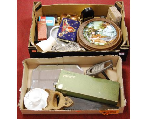 Two boxes of miscellaneous items, to include Gone With the Wind collectors plates, brass button-stick, hand tools, boxed reco