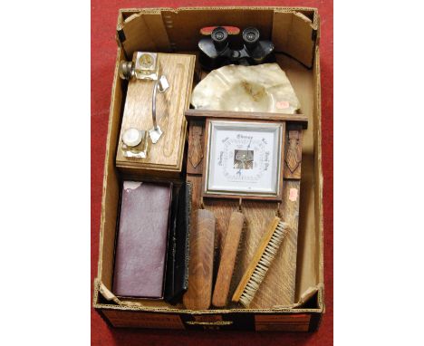 A box of miscellaneous items, to include oak desk stand, pair of Watson, Baker &amp; Co binoculars, stone ashtray, barometer 