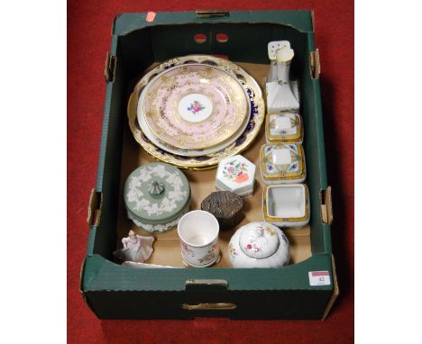 A box of miscellaneous china, to include Coalport figurine of Eliza, Worcester Marissa pattern vase, Wedgwood green jasper wa