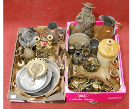 Two boxes of miscellaneous items, to include pair of turned brass candlesticks, stoneware flagon for Henry Tidbury of Ipswich