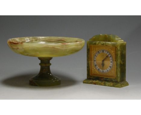 A mid-20th century onyx cased mantel clock, having a gilt dial with silvered chapter ring and Roman Numerals, signed Elsinor,