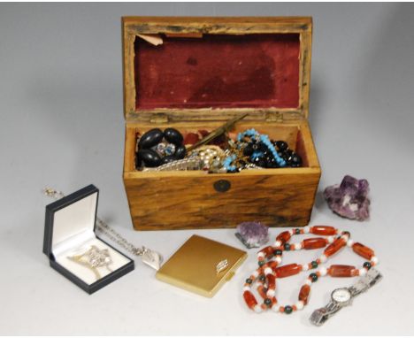 A Victorian rosewood tea caddy and contents, to include lady's compact, various beaded necklaces, loose geodes etc