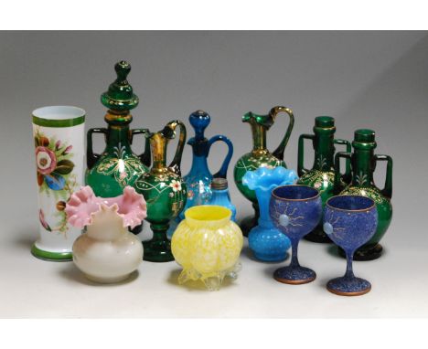 A box of miscellaneous glassware, to include a pair of early 20th century Bohemian green glass twin handled vases, each with 