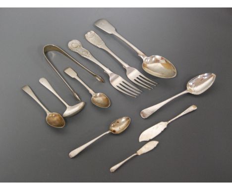 A collection of 19th century and later loose silver flatwares to include serving spoon, sauce ladle, sugar tongs etc
