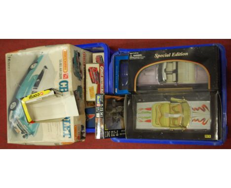 Two boxes containing Matchbox Chevrolet Bell Air coupe 1:16 scale model kit, and various modern diecast to include Great Brit