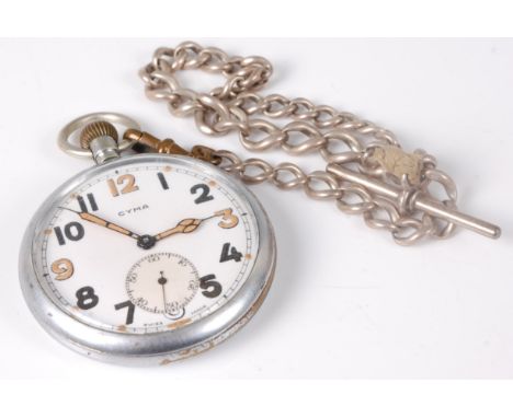 A WWI period Cyma military issue nickel cased pocket watch, having a signed white enamel dial with luminous Arabic numerals a