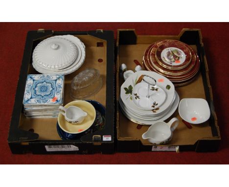 Two boxes of miscellaneous china and glassware, to include ten Art Nouveau style ceramic tiles, Midwinter tea and dinner ware