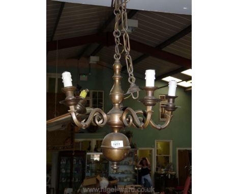 A five arm brass chandelier