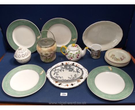 A box of china to include four Wedgwood plates with green border and butterfly, cream Petal meat plate, J&amp;G Meakin side p