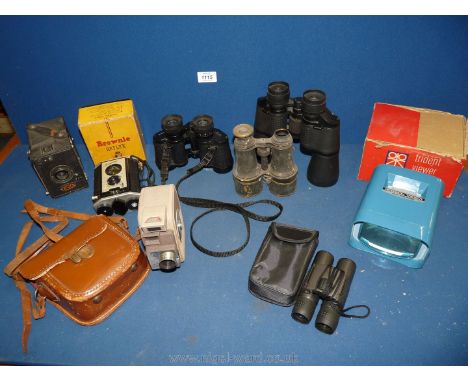 Miscellaneous cameras and binoculars to include an Ensign box camera, boxed Brownie Reflex, leather cased Keystone Cine camer