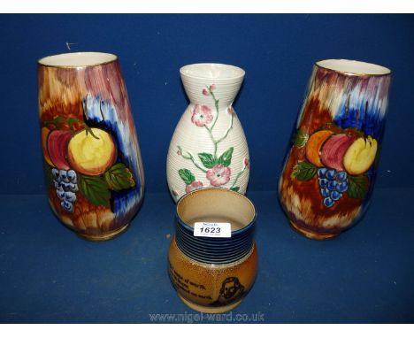 A pair of Old Court ware vases, 10 3/8'' tall, Maling vase 9 3/4'' tall and a Royal Doulton pot with verse about Sir Walter R