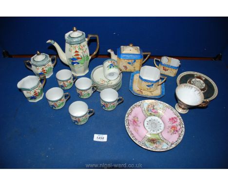 A 1930's Japanese porcelain coffee set and Japanese porcelain Tea for One set comprising teapot cup and saucer, milk  jug and