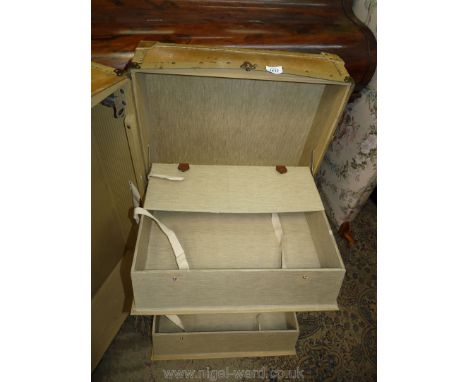 A Parchment coloured bound travelling Trunk bearing the initials ''S.B.R'', the lid with two fold down compartments.  A label