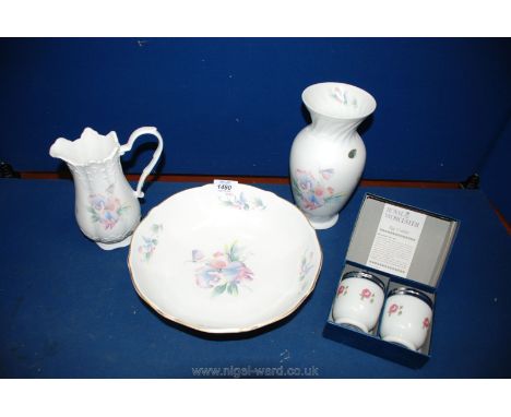 Three pieces of Aynsley 'Little Sweetheart' china; flower vase, jug &amp; bowl, plus a boxed pair of Royal Worcester egg codd