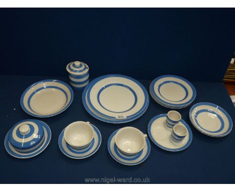 A quantity of 'T.G. Green, Cornish Kitchen Ware' to include two egg cups, four 7" plates, 9 1/8" plate, 3 1/4" lidded sugar p