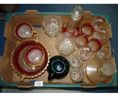 A quantity of mixed glass including a trifle set and bowls, sundae dishes, green jug, decanter and six glasses etc.
