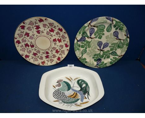 An Emma Bridgewater 2001, 13" fig design plate, a Crown Ducal 12.5" 'Pink Oyster' plate and a Poole pottery cockerel design d