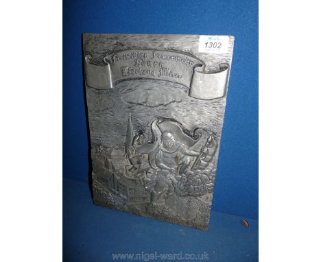 An iron resin German Fire Fighters plaque, print of Castel Coch, signed and a large snow painting on canvas.