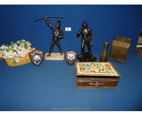 Two Spelter figures one a/f. and a doorstop, geese, brass tea caddy, biscuit tin etc.