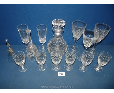 A Decanter and various glasses including sherry, wine, bells, etc.