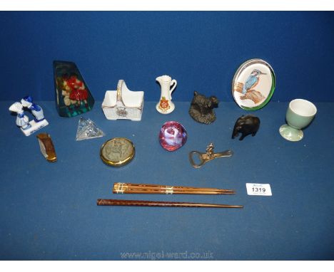 Miscellanea to include four miniature ornaments and penknife, Peter Lindsey King Fisher paperweight with stand, lustre egg cu