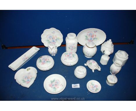 A quantity of Aynsley 'Little Sweetheart' china including; trinket pots, ring tray, bud vases, an owl, a tortoise, etc. Lid f