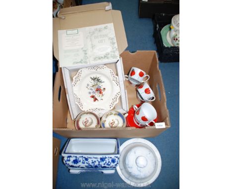 A Royal Creamware limited edition Plate (boxed), six coffee cups and saucers decorated with Poppies, marbled covered cheese d