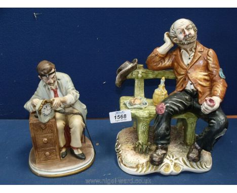 A Capo-di-monte figure of a tramp on a bench, 11 1/2'' tall and another of a clockmaker, 7 1/2'' tall.