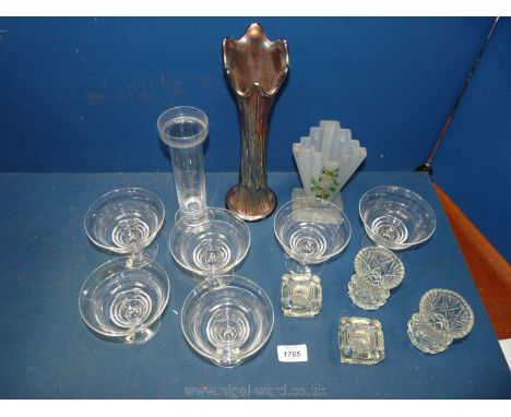 A quantity of glass including set of six sundae dishes, small vases and candle holders, large vase and Dartington crystal can