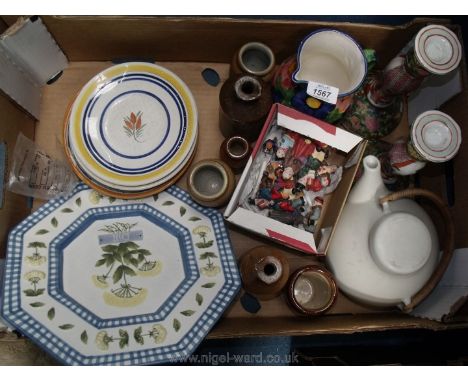 A box of pottery including Chinese candlesticks, a vintage teapot, small stoneware jars, plates, small ceramic figures, etc.