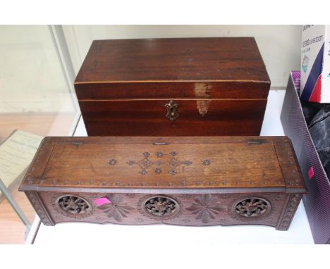 Fruitwood German carved Candlebox with hinged lid and a 19thC Mahogany veneered Tea Caddy 