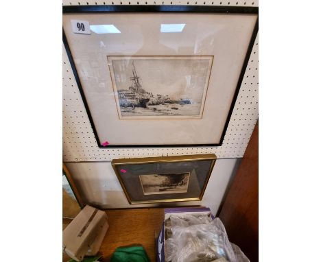 Framed etching H G Kampton depicting a coastal scene and Kew Bridge &amp; Strand on the Green by H George Webb 