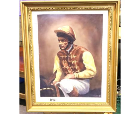 Signed print of Lester Piggott with signature to margin in felt tip, framed, 60 x 40 cm. Not available for in-house P&amp;P, 
